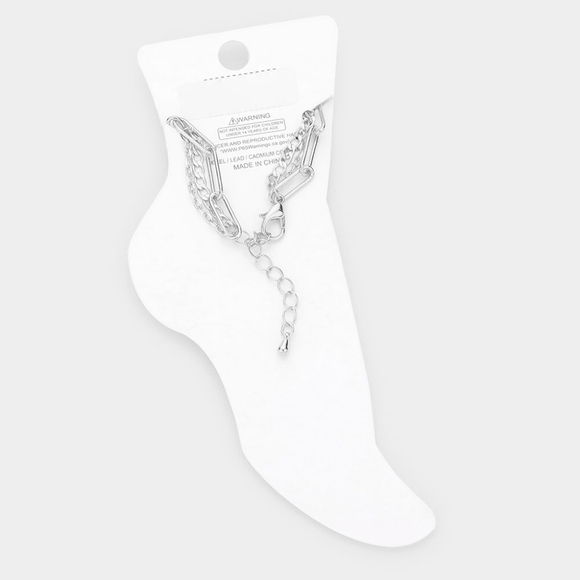 Triple Layered Silver Link Chain Style Round CZ Anklet Fashion Jewelry Accessory - Picture 2 of 4